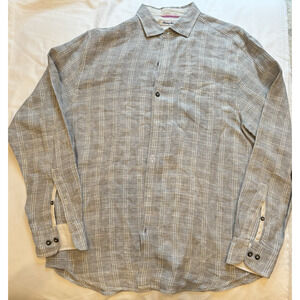 Tommy Bahama Mens Linen Shirt Long Sleeve Button Up Plaid Gray | Size Large